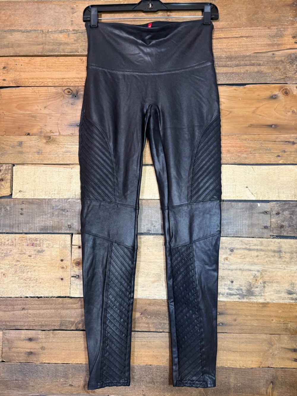 SPANX‎ Faux Leather Moto Leggings Black High Rise Quilted Panels Women L Large